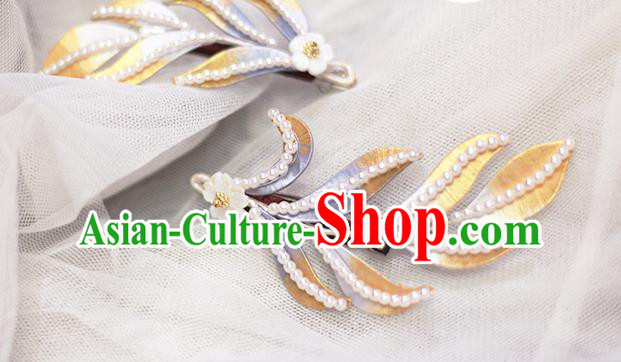 Chinese Ancient Princess Pearls Hair Accessories Traditional Ming Dynasty Silk Leaf Hair Stick