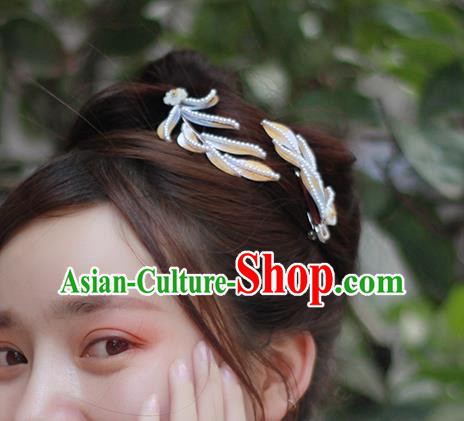 Chinese Ancient Princess Pearls Hair Accessories Traditional Ming Dynasty Silk Leaf Hair Stick
