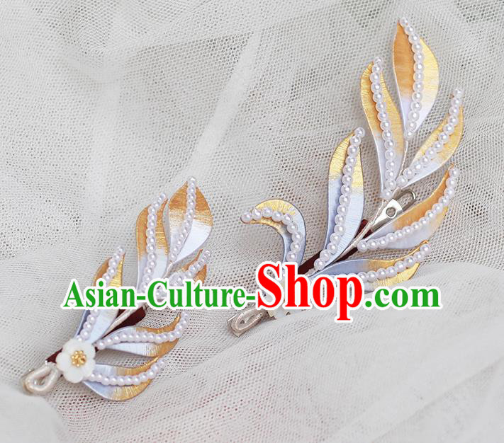 Chinese Ancient Princess Pearls Hair Accessories Traditional Ming Dynasty Silk Leaf Hair Stick