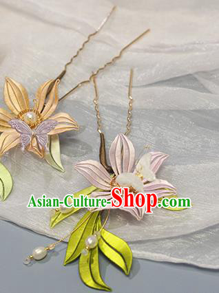 Chinese Ancient Court Lady Hair Stick Traditional Qing Dynasty Pink Silk Lily Flower Hairpin