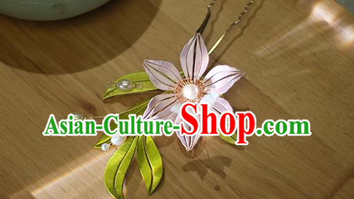 Chinese Ancient Court Lady Hair Stick Traditional Qing Dynasty Pink Silk Lily Flower Hairpin