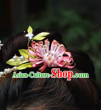 Chinese Traditional Qing Dynasty Pink Silk Chrysanthemum Hairpin Ancient Court Lady Hair Comb