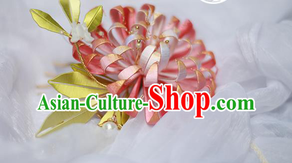 Chinese Traditional Qing Dynasty Pink Silk Chrysanthemum Hairpin Ancient Court Lady Hair Comb