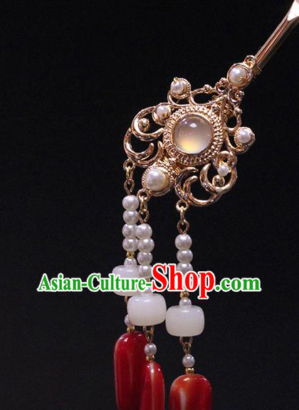 Chinese Ancient Palace Lady Hair Accessories Traditional Ming Dynasty Hanfu Jade Tassel Hairpin