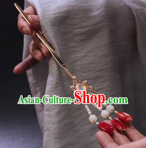 Chinese Ancient Palace Lady Hair Accessories Traditional Ming Dynasty Hanfu Jade Tassel Hairpin