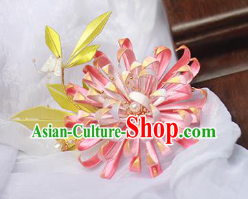 Chinese Traditional Qing Dynasty Pink Silk Chrysanthemum Hairpin Ancient Court Lady Hair Comb