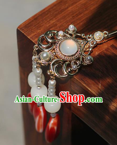 Chinese Ancient Palace Lady Hair Accessories Traditional Ming Dynasty Hanfu Jade Tassel Hairpin