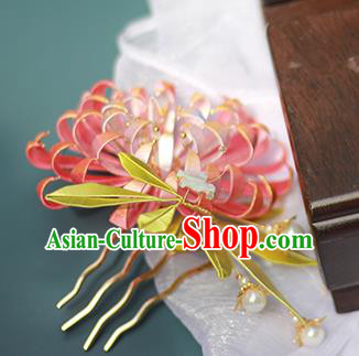 Chinese Traditional Qing Dynasty Pink Silk Chrysanthemum Hairpin Ancient Court Lady Hair Comb