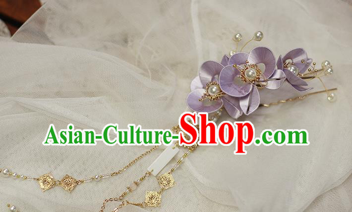 Chinese Ancient Princess Purple Silk Flowers Hairpin Hair Accessories Traditional Tassel Hair Stick