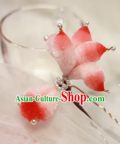 Chinese Traditional Hanfu Velvet Goldfish Hair Stick Ancient Princess Hairpin Pearls Hair Accessories