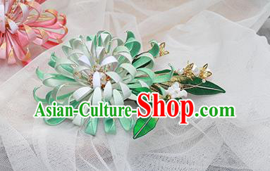 Chinese Traditional Ancient Court Lady Hair Comb Qing Dynasty Green Silk Chrysanthemum Hairpin
