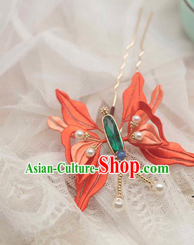 Chinese Traditional Red Silk Butterfly Hair Stick Hair Accessories Handmade Classical Hairpin