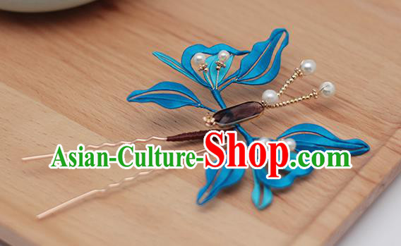 Chinese Handmade Classical Hairpin Traditional Blue Silk Butterfly Hair Stick Hair Accessories