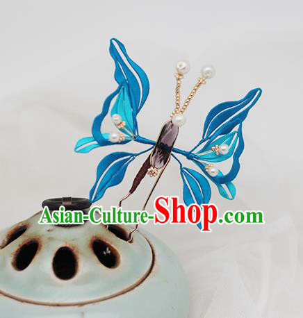 Chinese Handmade Classical Hairpin Traditional Blue Silk Butterfly Hair Stick Hair Accessories