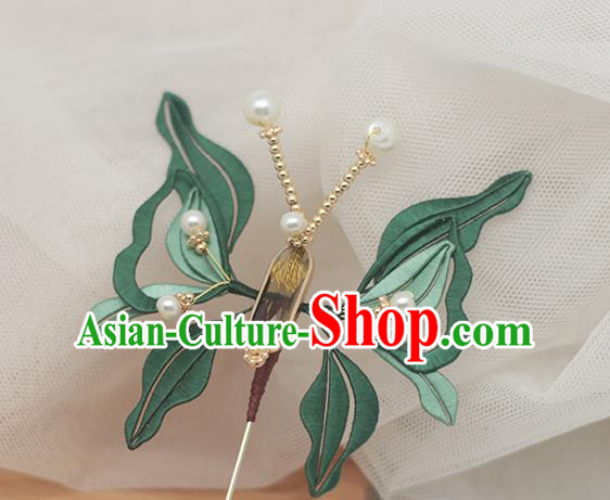 Chinese Handmade Hair Accessories Classical Hairpin Traditional Green Silk Butterfly Hair Stick