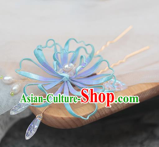 Chinese Traditional Blue Silk Pear Blossom Hairpin Handmade Hair Accessories Classical Hair Stick