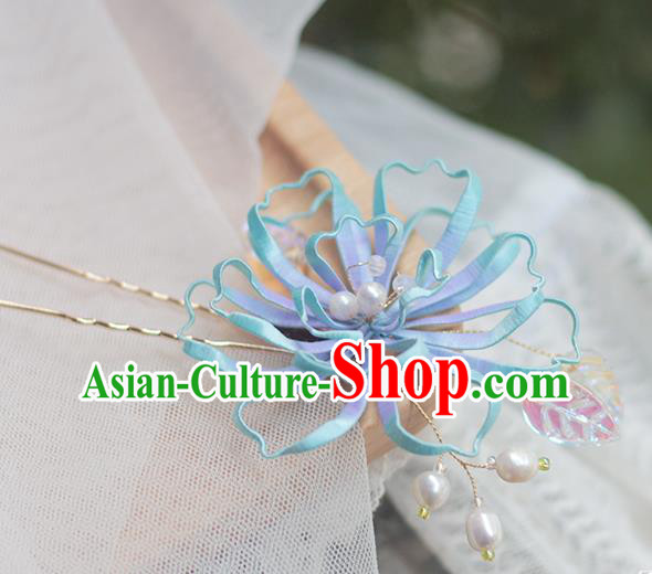 Chinese Traditional Blue Silk Pear Blossom Hairpin Handmade Hair Accessories Classical Hair Stick
