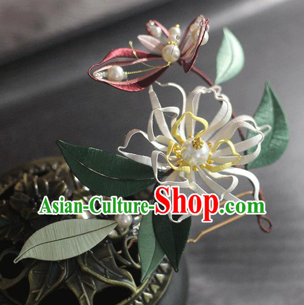 Chinese Traditional Silk Butterfly Flower Hairpin Handmade Hair Accessories Classical Pearls Hair Stick