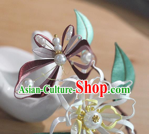 Chinese Traditional Silk Butterfly Flower Hairpin Handmade Hair Accessories Classical Pearls Hair Stick