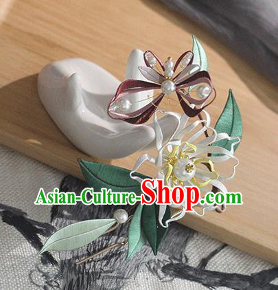 Chinese Traditional Silk Butterfly Flower Hairpin Handmade Hair Accessories Classical Pearls Hair Stick