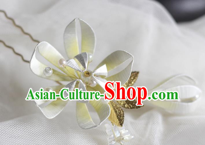 Chinese Handmade Beige Silk Flower Hair Stick Traditional Hanfu Hairpin Classical Hair Accessories