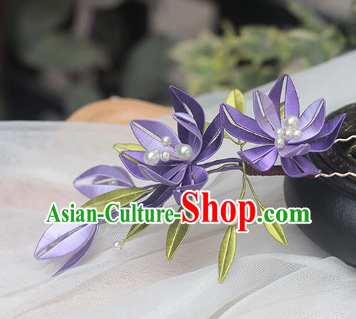 Chinese Handmade Ancient Princess Purple Silk Hair Stick Traditional Song Dynasty Flowers Hairpin