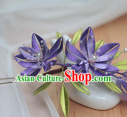 Chinese Handmade Ancient Princess Purple Silk Hair Stick Traditional Song Dynasty Flowers Hairpin