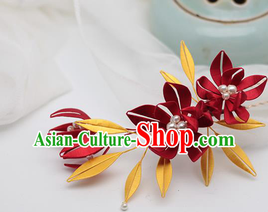 Chinese Traditional Song Dynasty Palace Lady Hairpin Handmade Ancient Princess Red Silk Hair Stick