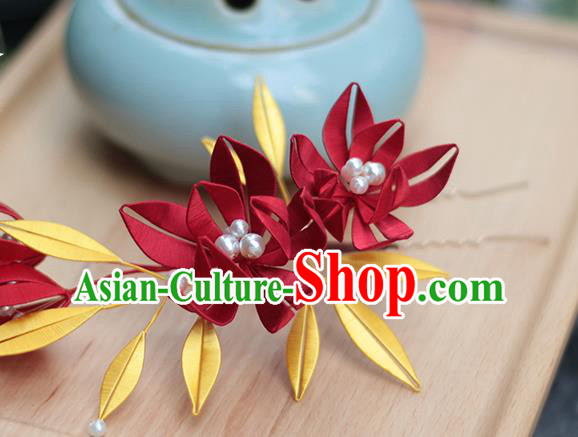 Chinese Traditional Song Dynasty Palace Lady Hairpin Handmade Ancient Princess Red Silk Hair Stick