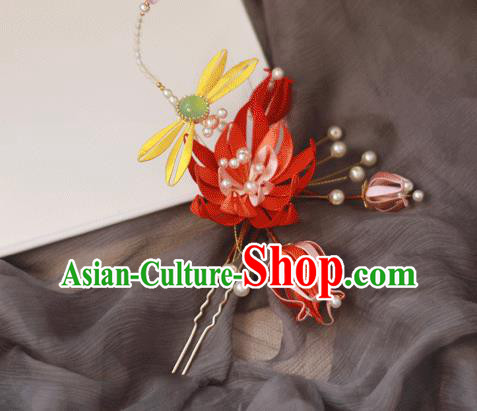 Chinese Handmade Red Silk Lotus Dragonfly Hair Stick Ancient Palace Lady Hairpin Traditional Song Dynasty Headpiece