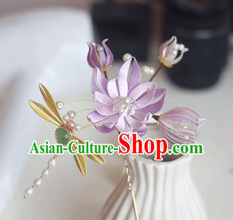 Chinese Handmade Lilac Silk Lotus Dragonfly Hair Stick Ancient Palace Lady Pearls Hairpin
