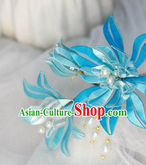 Chinese Handmade Blue Silk Flowers Hairpin Ancient Ming Dynasty Hair Stick