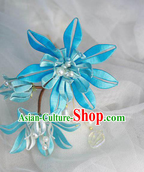 Chinese Handmade Blue Silk Flowers Hairpin Ancient Ming Dynasty Hair Stick