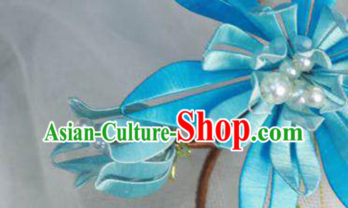 Chinese Handmade Blue Silk Flowers Hairpin Ancient Ming Dynasty Hair Stick