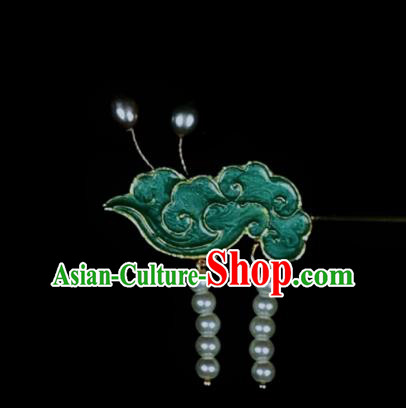 Chinese Traditional Cloisonne Cloud Hairpin Ancient Qing Dynasty Princess Pearls Tassel Green Hair Stick