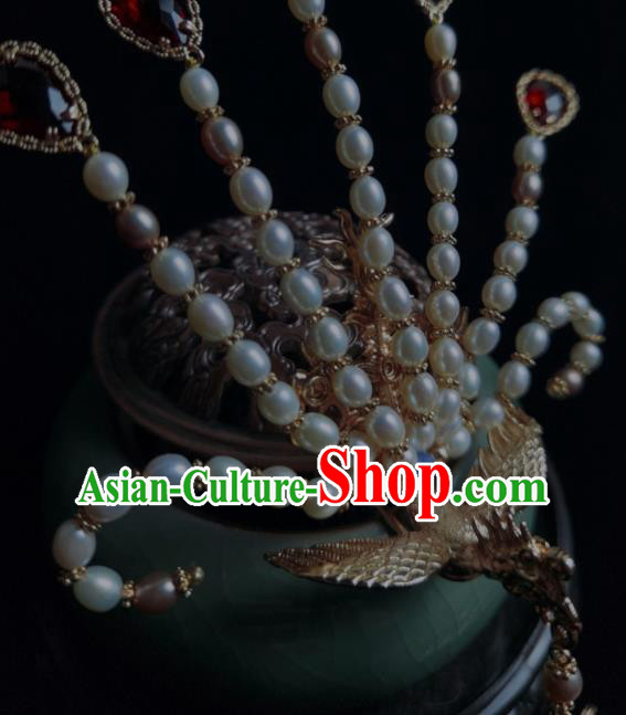 Chinese Ancient Ming Dynasty Empress Pearls Phoenix Hair Crown Traditional Red Crystal Tassel Hairpin