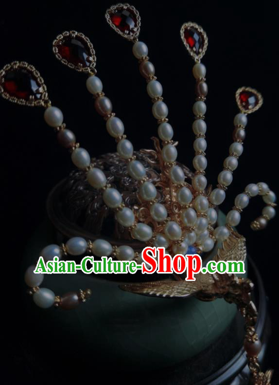 Chinese Ancient Ming Dynasty Empress Pearls Phoenix Hair Crown Traditional Red Crystal Tassel Hairpin