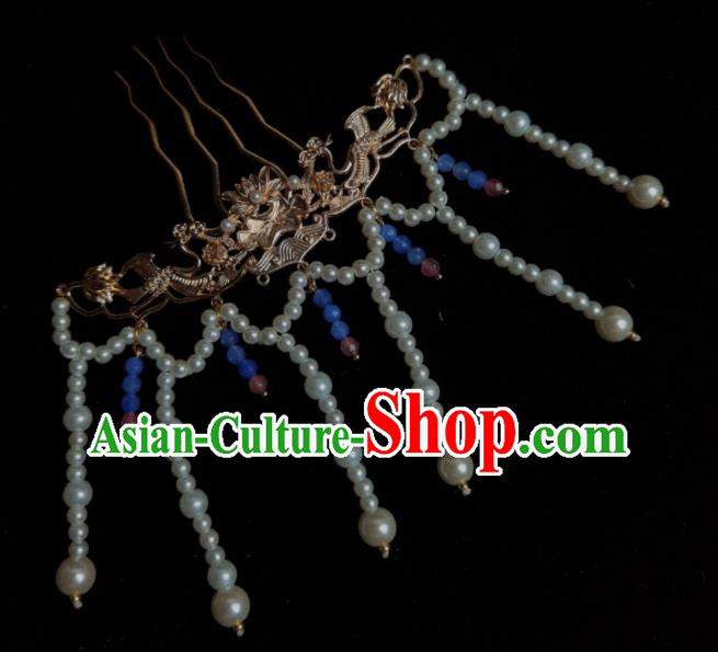 Chinese Traditional Golden Lotus Hairpin Ancient Ming Dynasty Empress Pearls Tassel Hair Comb