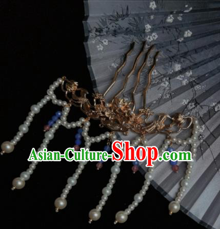 Chinese Traditional Golden Lotus Hairpin Ancient Ming Dynasty Empress Pearls Tassel Hair Comb
