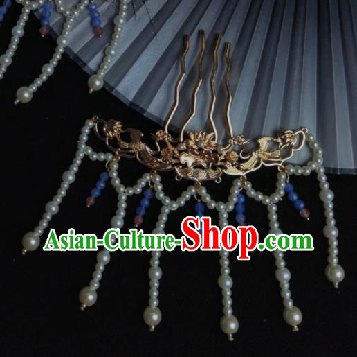 Chinese Traditional Golden Lotus Hairpin Ancient Ming Dynasty Empress Pearls Tassel Hair Comb
