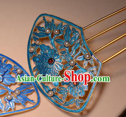 Chinese Traditional Qing Dynasty Garnet Pearls Hairpin Ancient Empress Cloisonne Peony Hair Comb