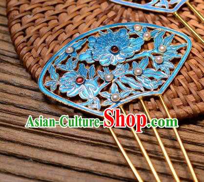 Chinese Traditional Qing Dynasty Garnet Pearls Hairpin Ancient Empress Cloisonne Peony Hair Comb