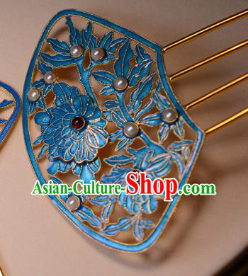 Chinese Traditional Qing Dynasty Garnet Pearls Hairpin Ancient Empress Cloisonne Peony Hair Comb