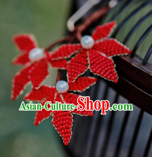 Chinese Traditional Handmade Hanfu Hairpin Ancient Princess Red Beads Maple Leaf Hair Stick