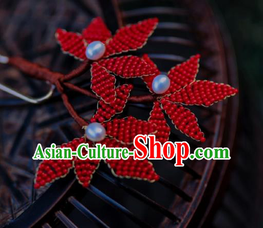 Chinese Traditional Handmade Hanfu Hairpin Ancient Princess Red Beads Maple Leaf Hair Stick