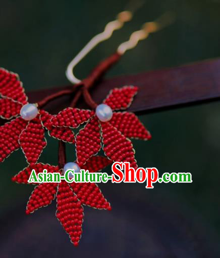 Chinese Traditional Handmade Hanfu Hairpin Ancient Princess Red Beads Maple Leaf Hair Stick