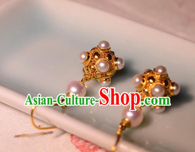 Chinese Ancient Court Princess Golden Ear Jewelry Traditional Tang Dynasty Pearls Earrings Accessories