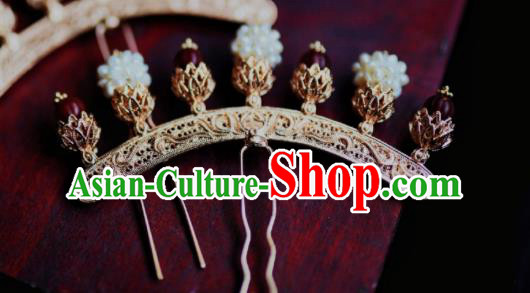 Chinese Traditional Hanfu Agate Golden Hairpin Ancient Ming Dynasty Empress Pearls Hair Stick