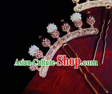 Chinese Traditional Hanfu Agate Golden Hairpin Ancient Ming Dynasty Empress Pearls Hair Stick