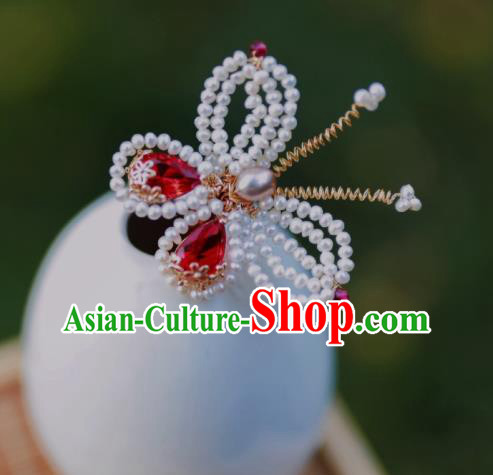 Chinese Traditional Hanfu Crystal Hairpin Ancient Ming Dynasty Princess Beads Butterfly Hair Stick